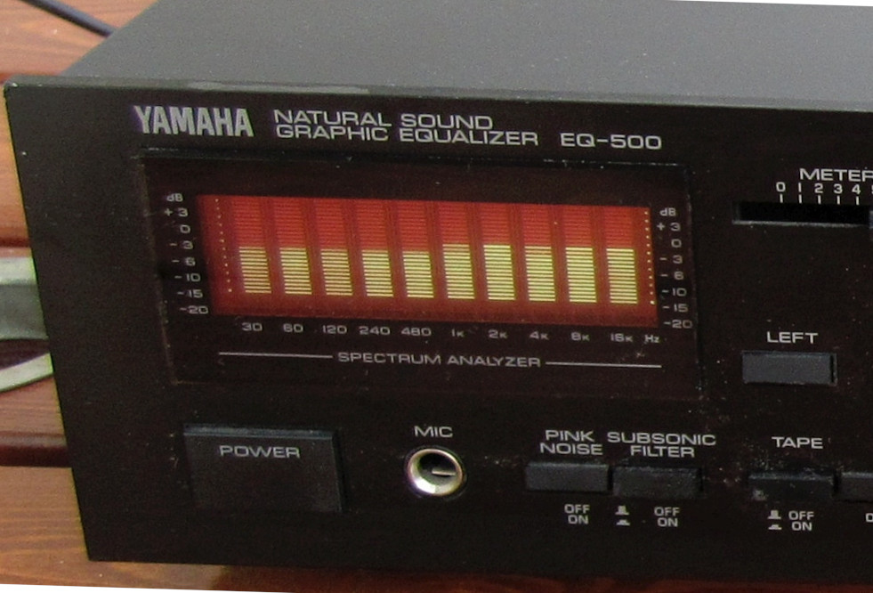 A spectrum analyser representation of music. Image shows a graphic equaliser unit.