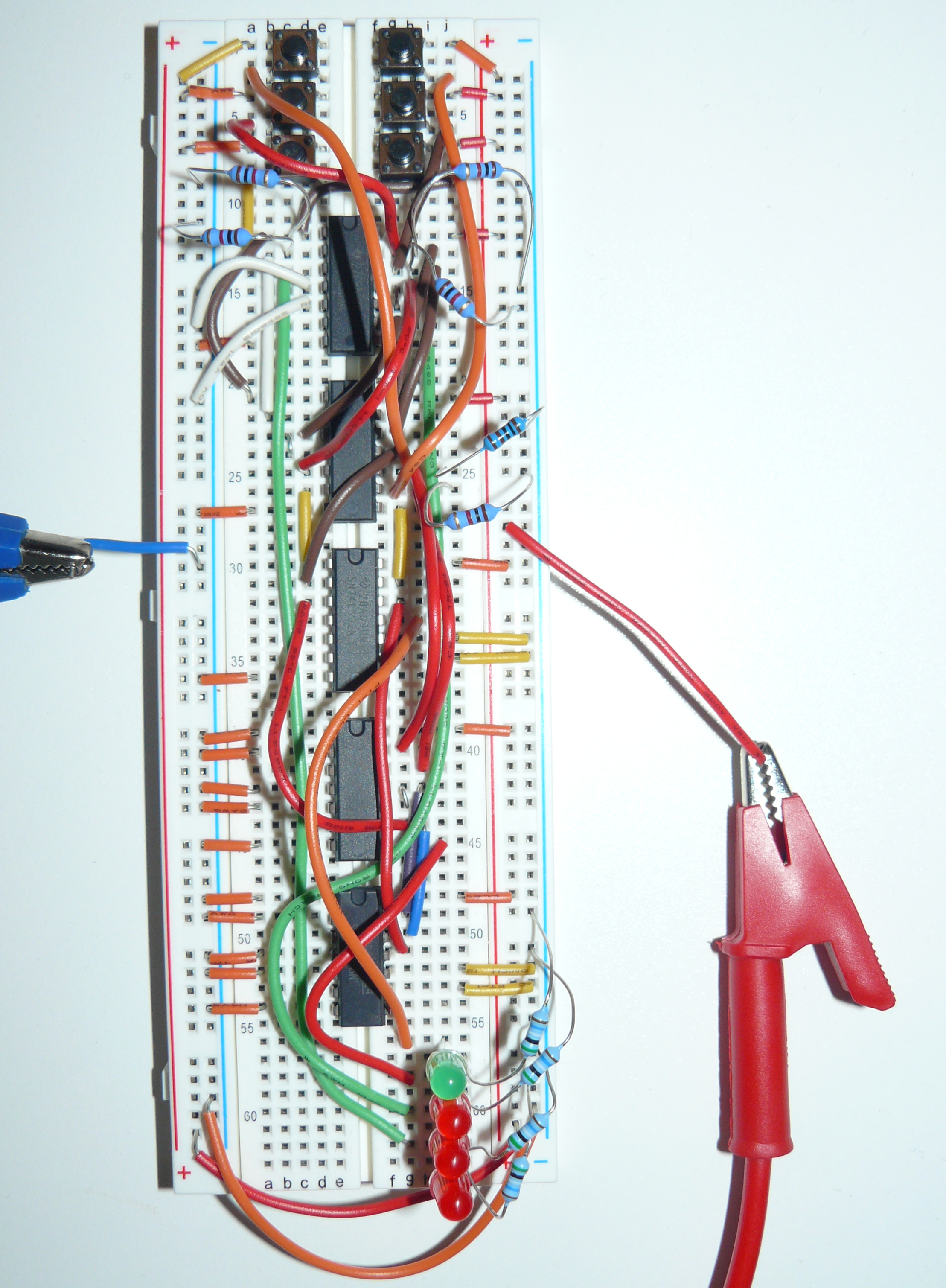 A photo of a breadboard showing the components for the 3-bit adder circuit.