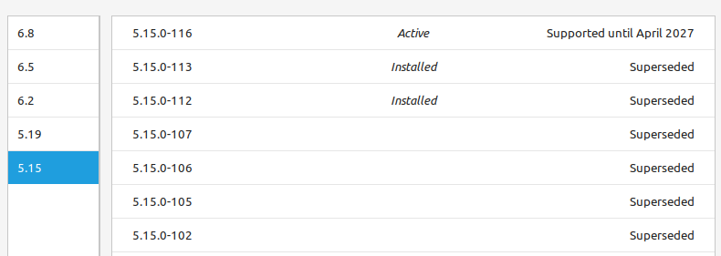 Dialogue box showing the list of installed kernels on Linux Mint.