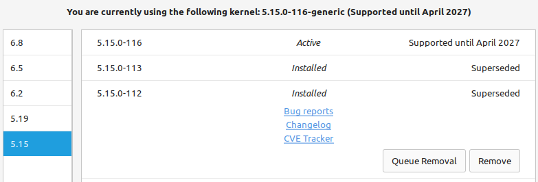 Selecting a kernel for removal in the update manager on Linux Mint.