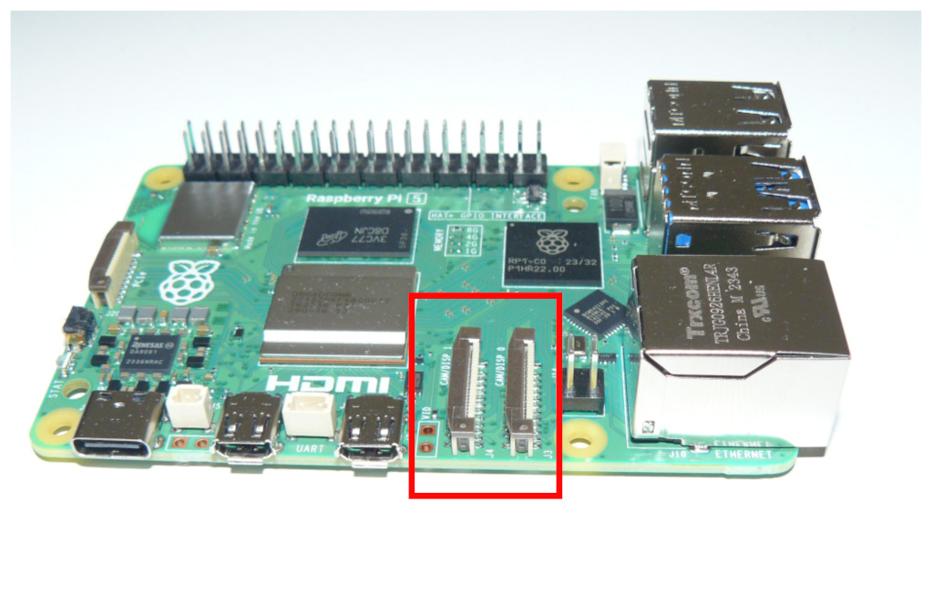 The location of the camera connectors on a Raspberry Pi 5