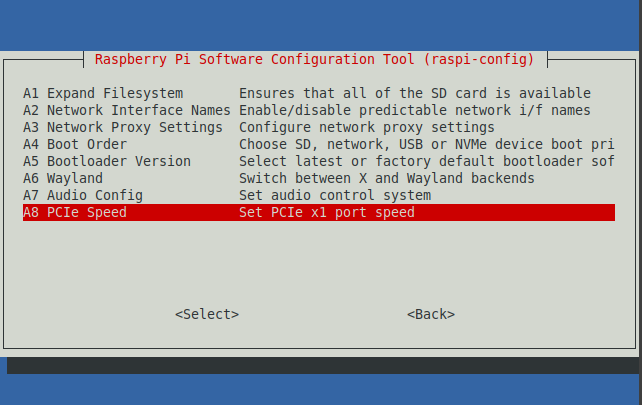 Raspberry Pi 5 raspi-config showing how to set the PCIe speed