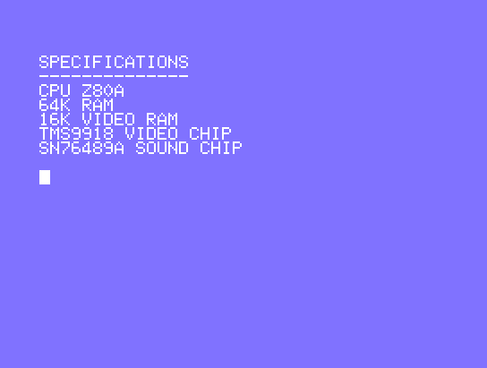 A screenshot of a Noddy information card on the Memotech MTX showing the specifications of the machine.